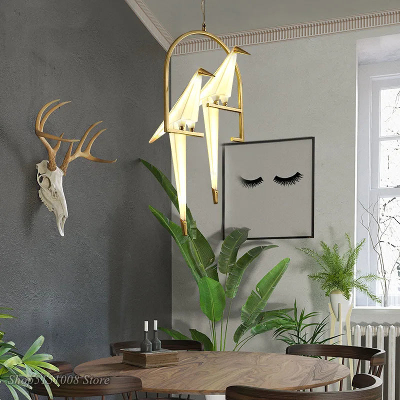 Nordic Gold Large Iron Bird Cage Pendant Light AC Hanging Living Room Bedroom Dining Room Origami Bird Paper House Fixtures