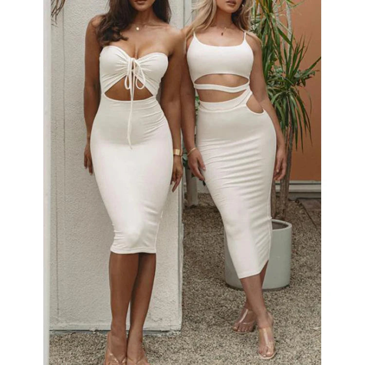 Summer 2026 Women Sexy Two Piece Set Spaghetti Strap Crop Top High Waist Midi Skirt Bodycon Cutout Clubwear Party Dress Set