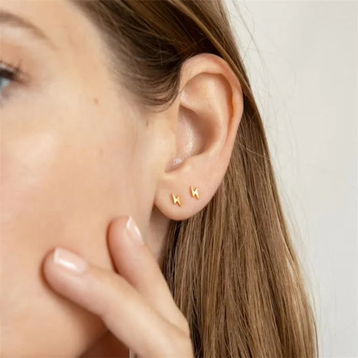 Gold Plated Minimalist Tiny Bolt Stud Earrings for Women Stainless Steel Anti-Tarnish Jewelry Dainty Cute New Style Studs