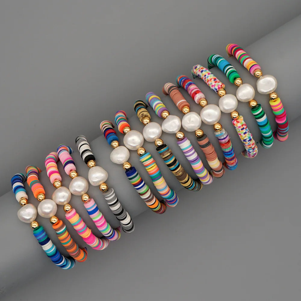 Summer Retro Simple Natural Pearl Bracelet Female Beach Style Colored Soft Clay Piece Handmade Jewelry