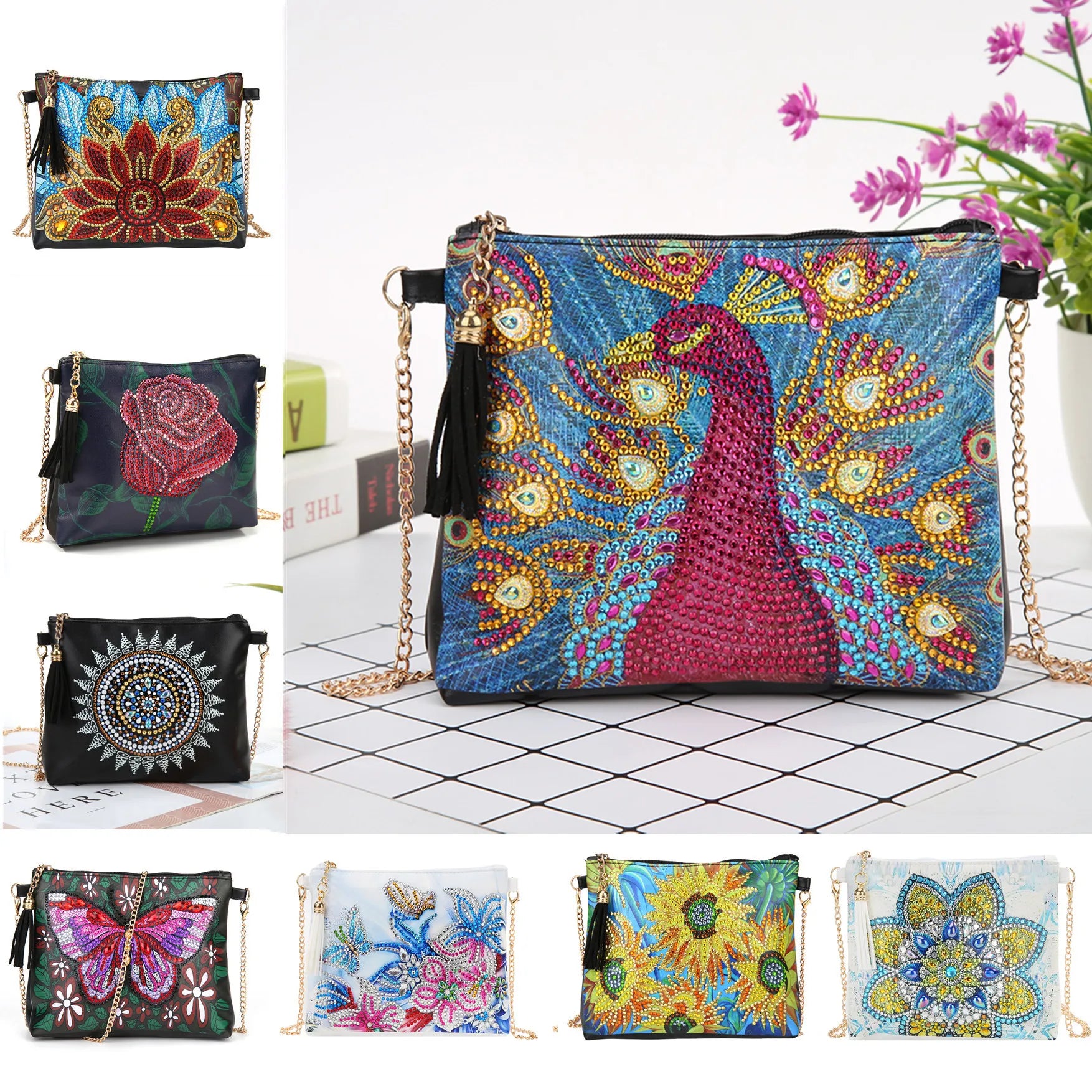 Abstract Flower Handbag 5D Special Shaped Drill DIY Satchel Diamond Painting Wallet Mosaic Storage PU Leather 18x15cm Assorted