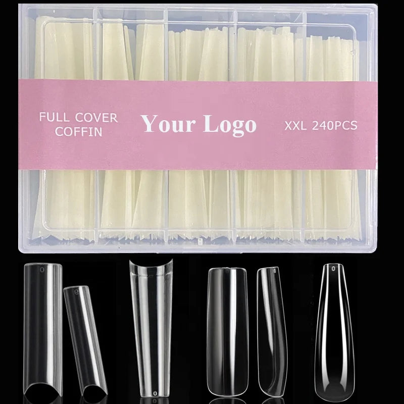 240 Pcs Box No C Curve Extra Long XXL Nail Tips Square Half Cover Full Cover ABS Salon Tools Straight Coffin Nail Tips