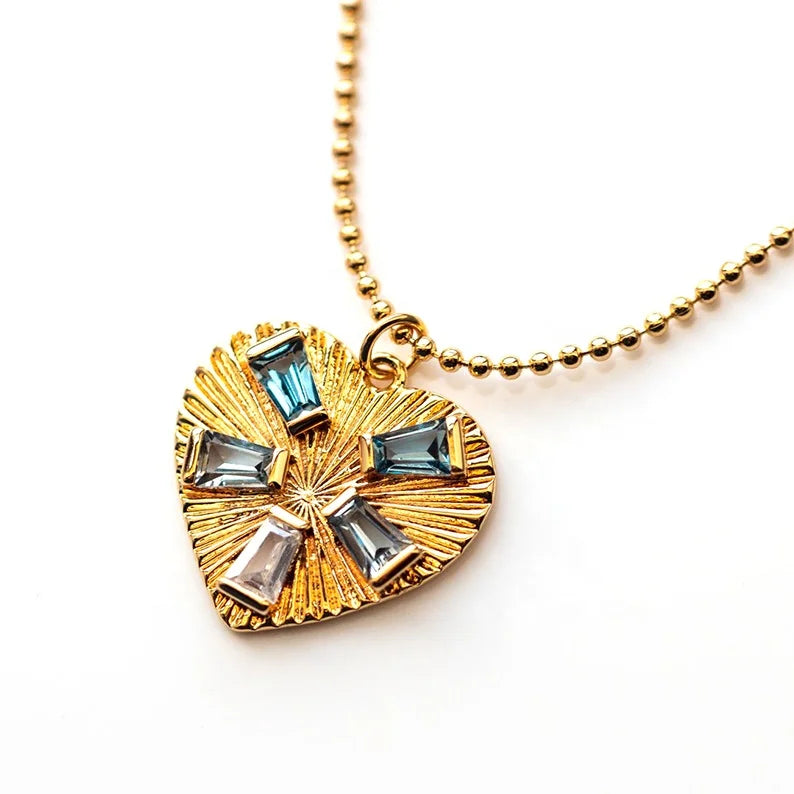LOZRUNVE 925 Sterling Silver Gold Fashion Texture Rainbow CZ Heart Pendant Necklace