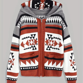 2025 Custom Vintage Aztec Style Zip up Knitted Cardigan Women's Zipper Hooded Sweater With Pockets