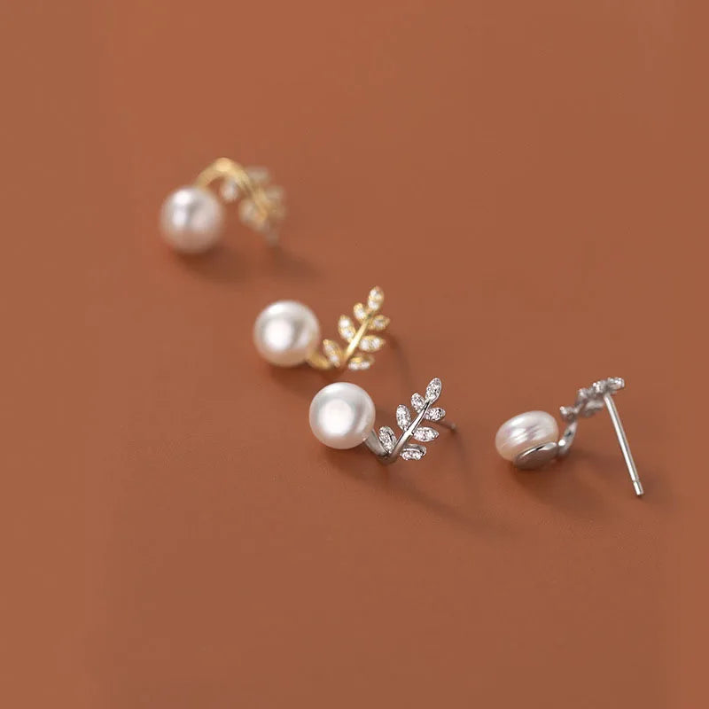New Design S925 Sterling Silver CZ Pave Leaf Pearl Earrings Silver Jewelry for Women G9363