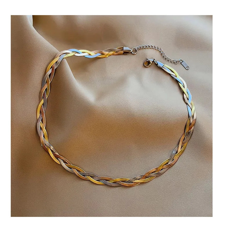DAIHE Fashion Jewelry Stainless Steel Gold Plated Snake Chain Multi Layered Woven Collar Chain for Women