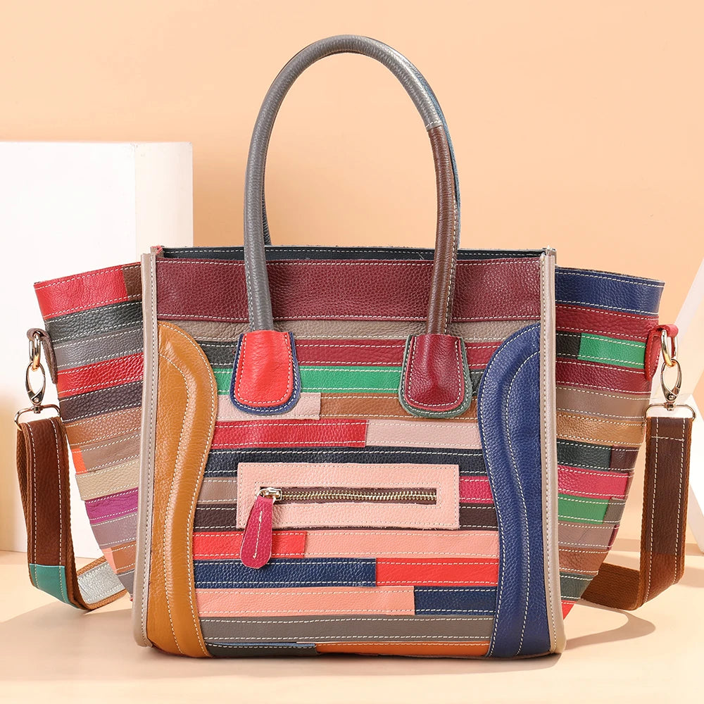 Women's Multicolor Genuine Leather Hobo Shoulder Purse Handbag Large Capacity Crossbody Women's Shoulder Bag Tote Handbag