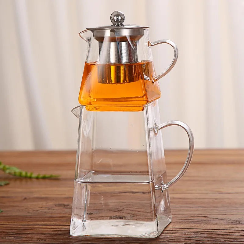Square Bottom Heat Resistant Clear  Glass Tea Pot With Glass Handle