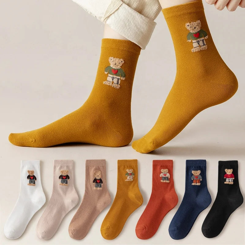 Wholesale Korean Cute Bear Cartoon Socks Designer Organic Cotton Crew Socks for Women