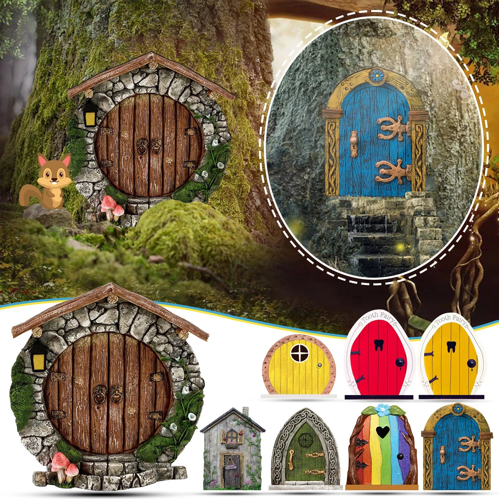 Pafu Mini Fairy Gnome Door Christmas Tree Garden Decoration for Girls Yard Art Lawn Wooden Ornament for Tooth Box
