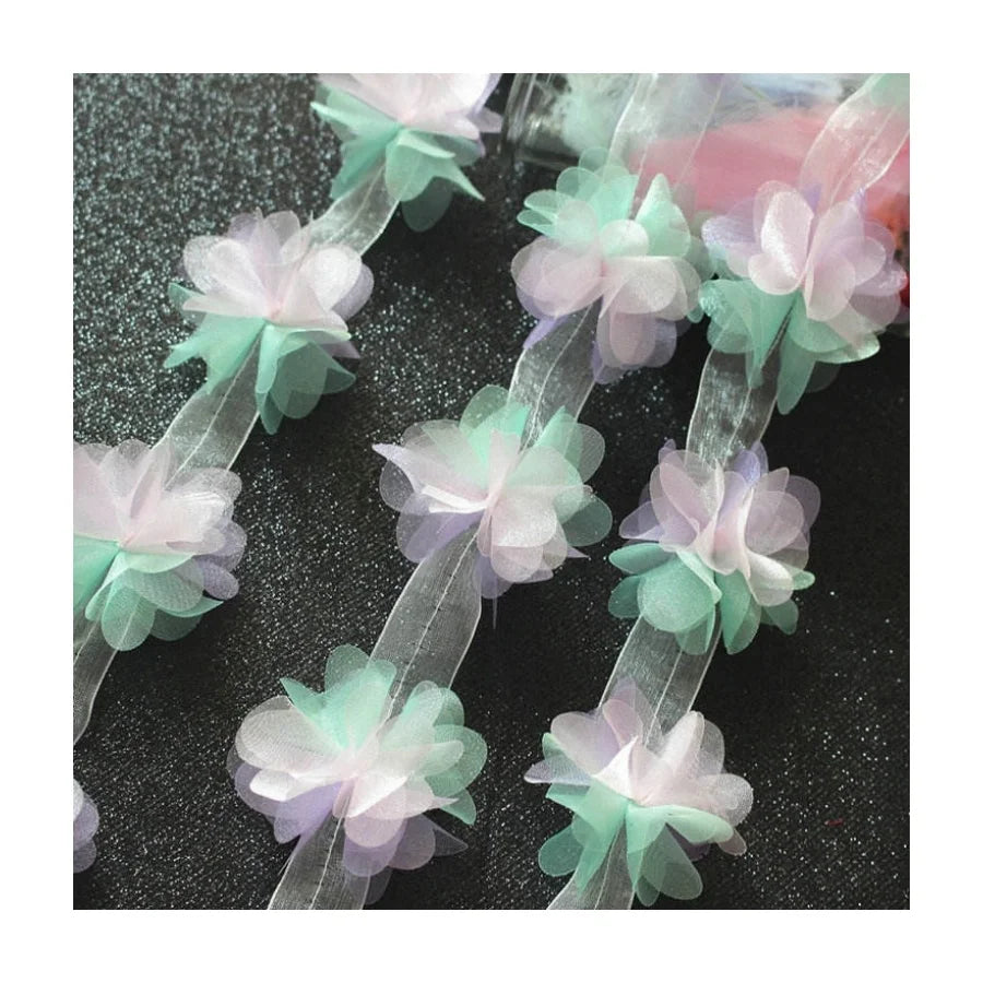 Wholesale 6cm 3D Multi-color Chiffon Flower Lace Trimming Fabric for Clothing Dancing Bridal Dress XF18 12 Flowers/yard