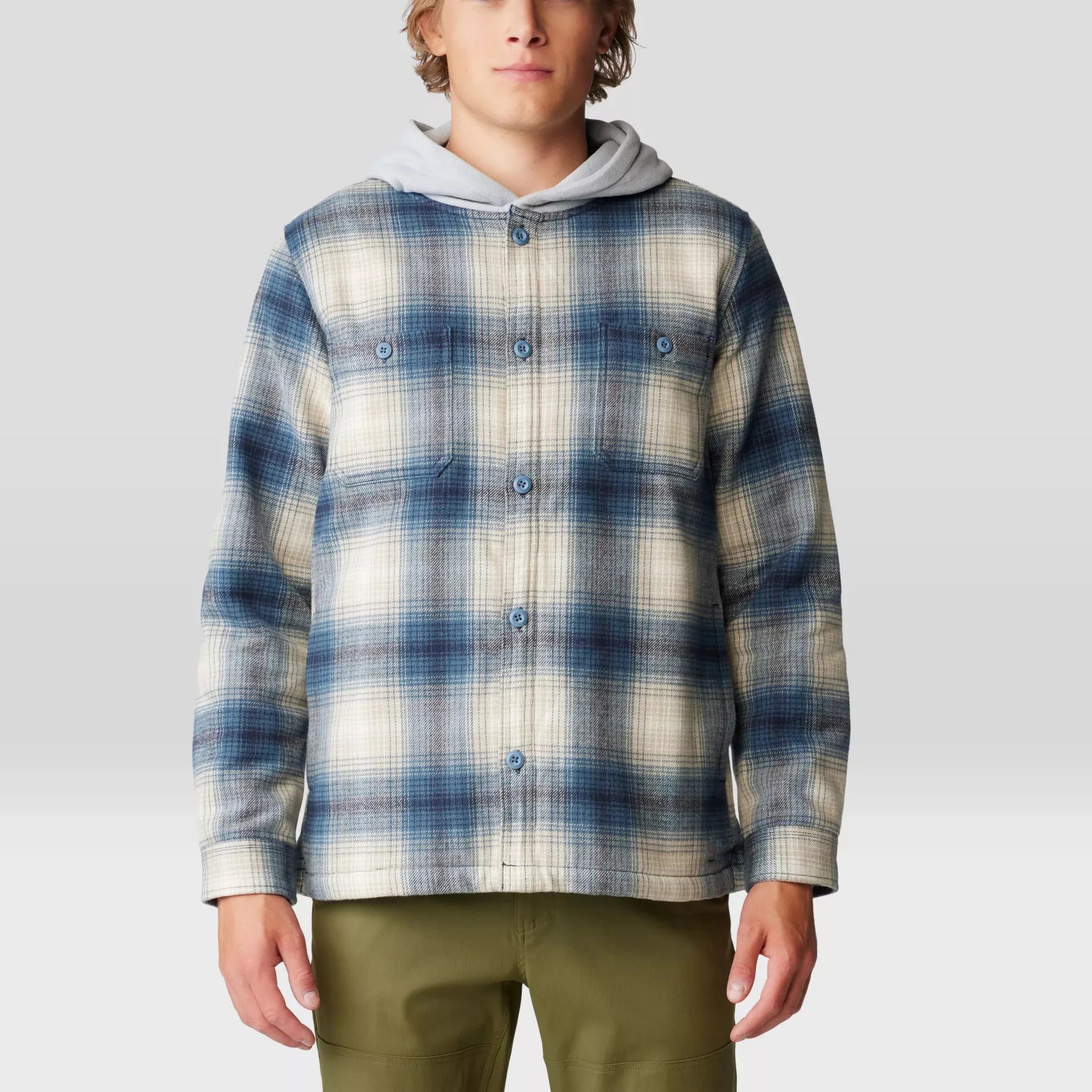 New Arrival Men's Casual Hooded Snap Front Button Closure Flannel Shackets With Pockets