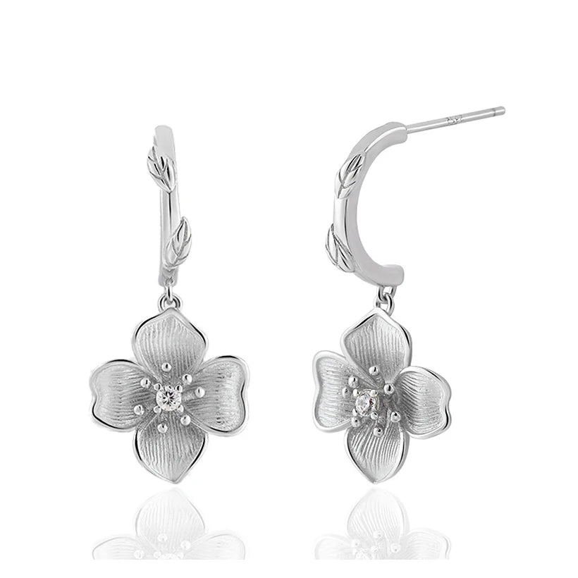 100% 925 Sterling Silver Flower Earrings for Women's Zirconia Branch Bar Flower Petal Pierced Dangle Earrings