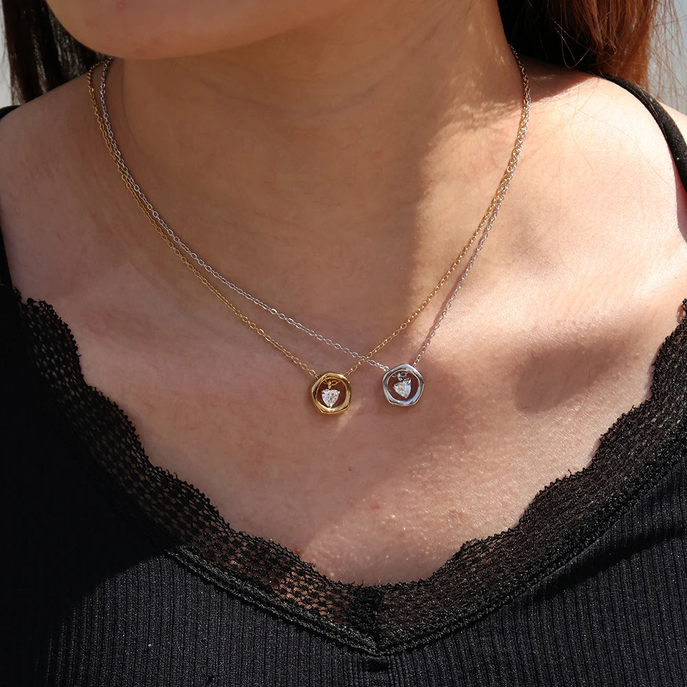 Personality Irregular Circle Pendant Necklace for Female Stainless Steel Round Charm Zircon Heart Necklace Jewelry