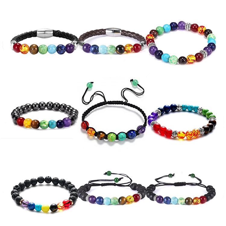 8mm Natural Gemstone Beads Seven Chakra Braided  Bangles Volcanic Lava 7 Chakra Healing Stone Beads Bracelet for Women Men