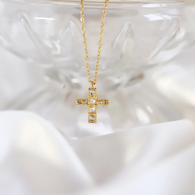 MICCI Wholesale 18k Gold Plated Stainless Steel Jewelry Women's Small Zirconia Diamond Jesus Cross Pendant Necklace for Women