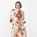 Women's Clothing Floral Print Solid Color Long Sleeved Chiffon Floral Holiday Skirt Add a Belt