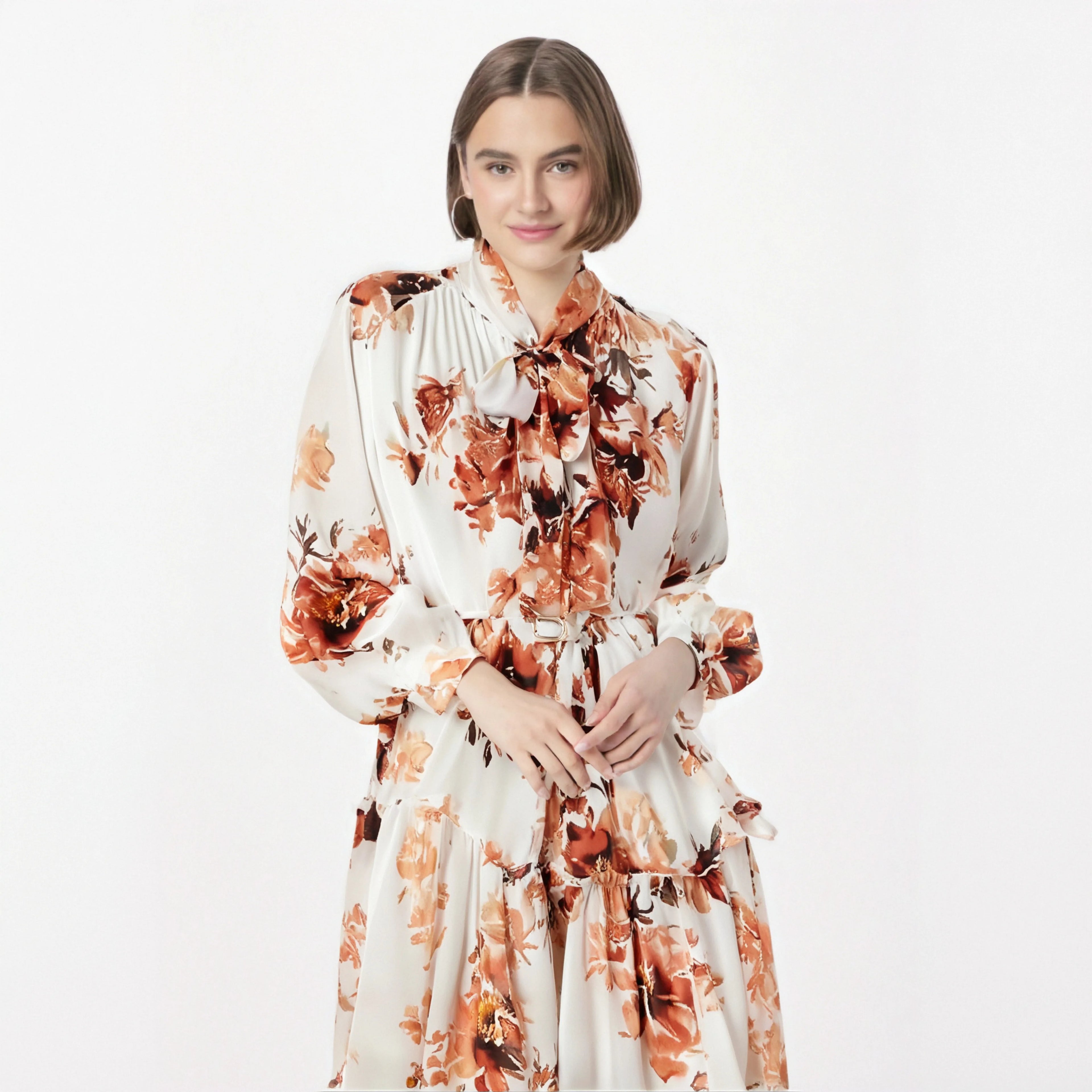 Women's Clothing Floral Print Solid Color Long Sleeved Chiffon Floral Holiday Skirt Add a Belt