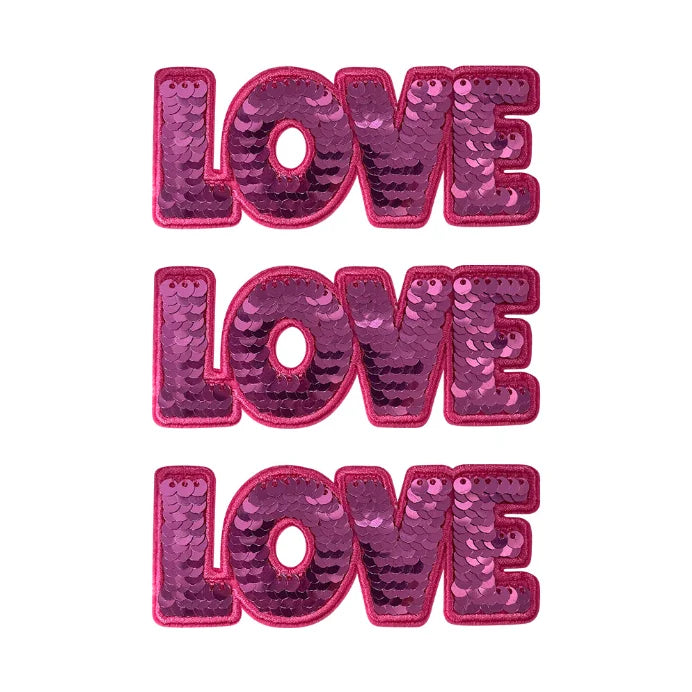 Custom Logo Deep Pink Sequin Iron on Valentine Embroidery Love Sequin Patches for Girl Women Clothing Hat Backpack