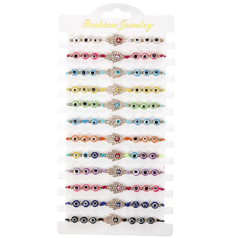 Aliexpress 12Pcs Mixed Color Drip Oil Hand-Encrusted Diamond Palm Pulsera Woven Pop Turkish Evil Eye Bracelet Rope