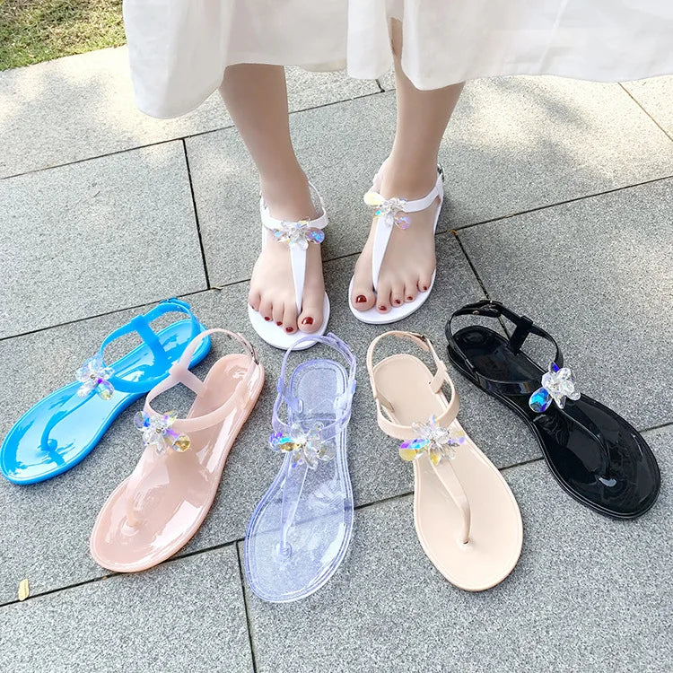Summer Multicolor Diamond Jelly Sandals Fashion Leisure Outdoor PVC Beach Shoes Women's Crystal Flat Shoes slippers
