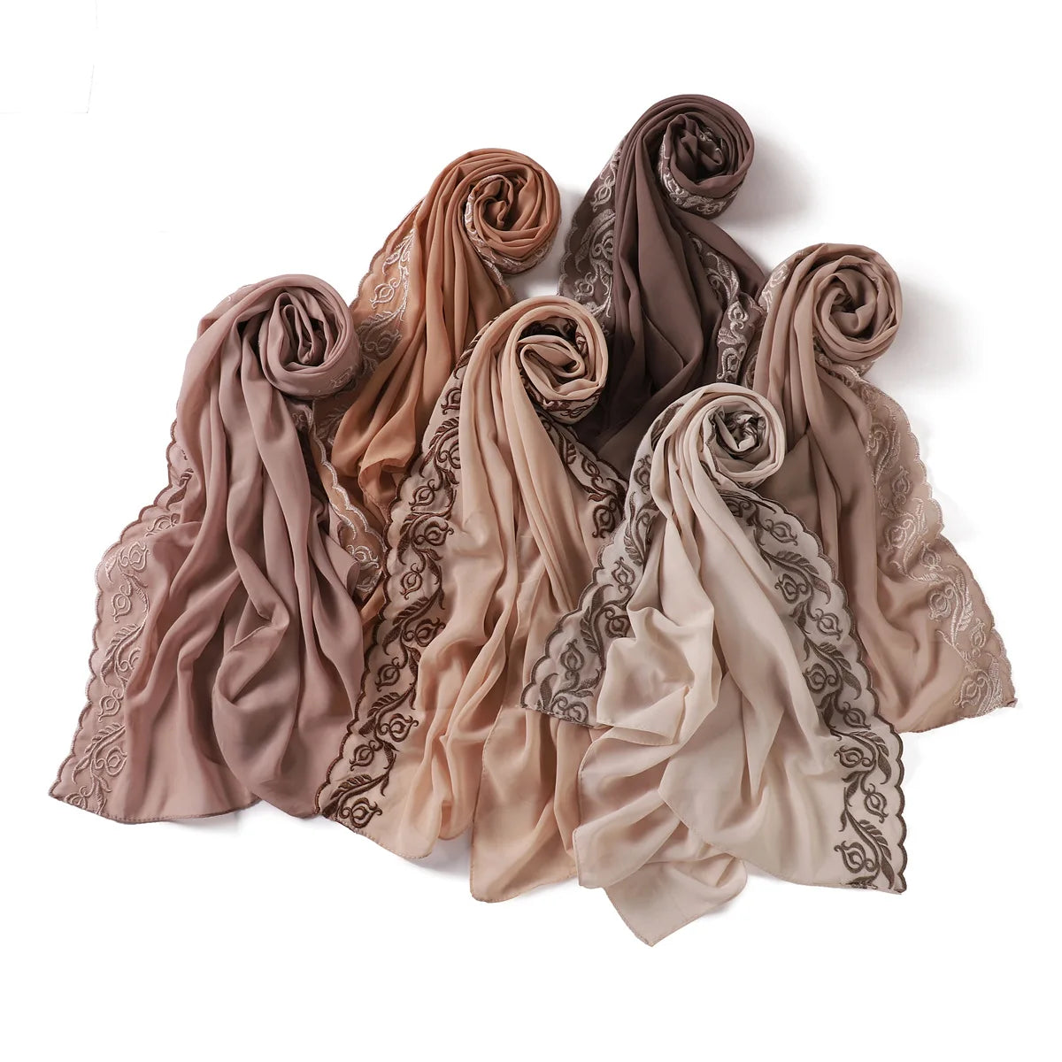 Single Color Pearl Chiffon Long Scarf Wrap Breathable Rose Embroidered Lace Edge for Muslim Department from Malaysia Indonesia