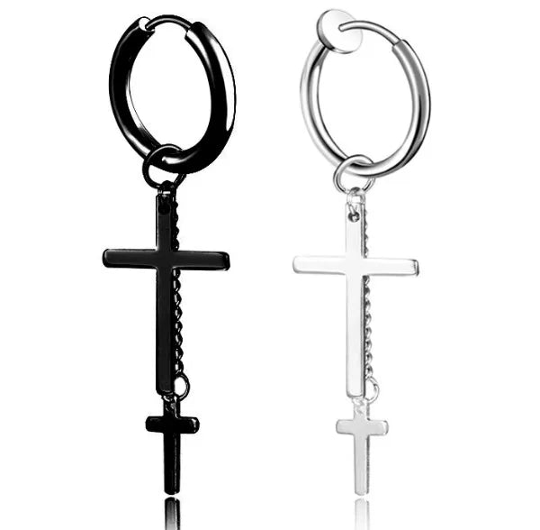 Titanium Steel Earrings Men's Personality Trendy Stud Earrings Korean Women's Long Tassel Chain Cross Pendant Hoop Earrings