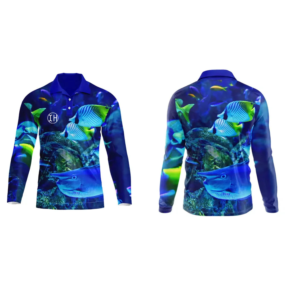 Customize Men Fishing Polo Shirts Button Turndown Collar Long Sleeve Shirt Fashion Printed Polyester Blouse Tops Casual Wear