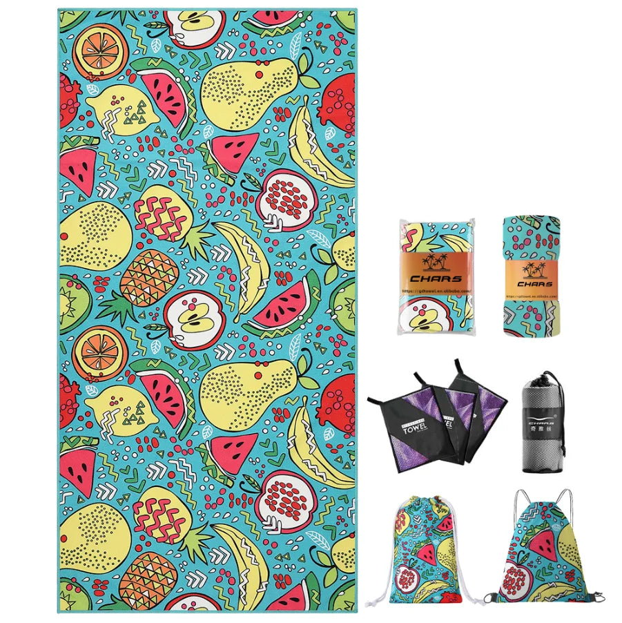 Custom Logo Tropical Style Fruits Print Quick Dry Eco Friendly Microfiber Beach Towel With Travel Bag Sand Free Beach Towel