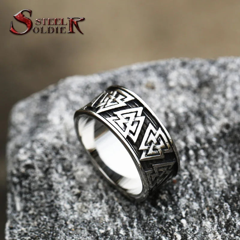 SS8-713R Steel Soldier Stainless Steel Viking  Valknut Ring Round Bands Ring Totem Rings for Men Women Fashion Jewelry