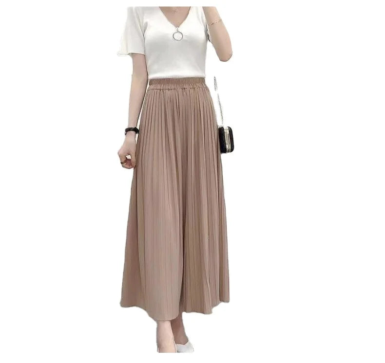 _ Summer Chiffon Pants for Women Culottes Ruffles Pleated High Waist Cropped Pant Loose Wide Leg Pants