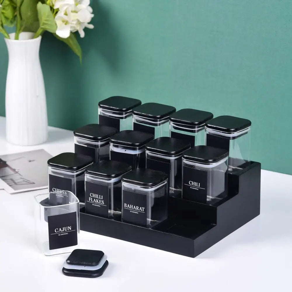 Wholesale Bamboo 3 Tier Step Shelf Countertop Black Spice Rack Storage Organizer with 12 Jars Set for Cabinets Kitchen