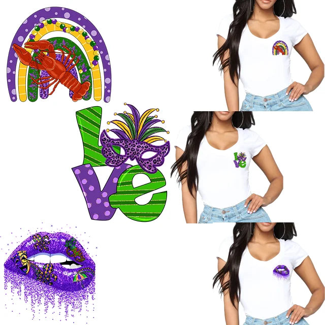DIY Washable Iron on Stickers for Clothes Heat Transfer Decals Appliques Mardi Gras Iron on Transfer Patches for Clothing