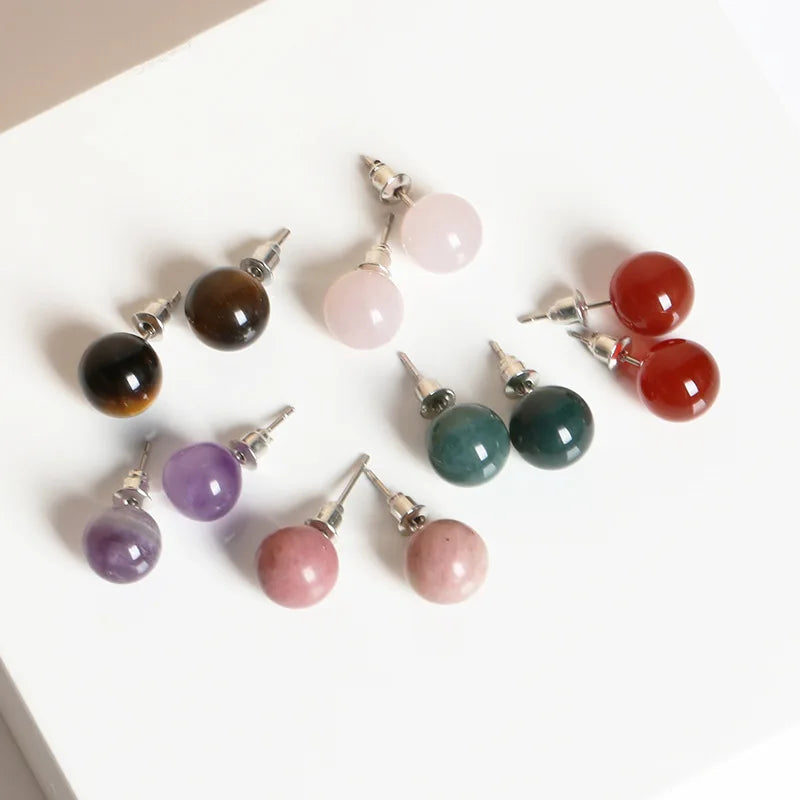 RisingMoon Fashion Jewelry 6mm 8mm 10mm Colorful Gemstone Earrings Round Bead Natural Stone Earrings Stud Jewelry for Women