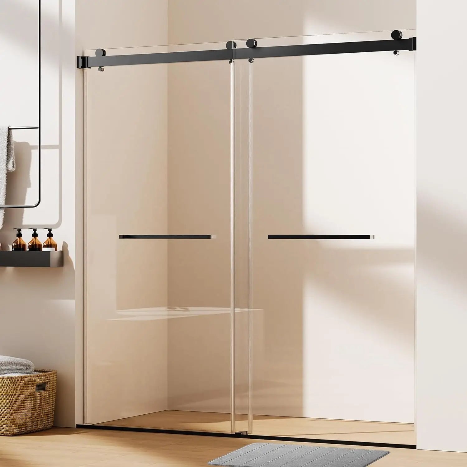 Shower Door 68-72 In W X 76 H Matte Black Frameless Double Slidg Design 3/8 Tempered Glass Smooth Rollers