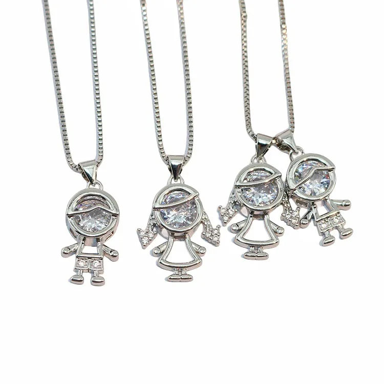 NZ1534 Bling Silver Plated CZ Boy and Girl Zircon Kids Children Charm Pendant Stainless Steel Ball Chain Necklace Gift for Mom