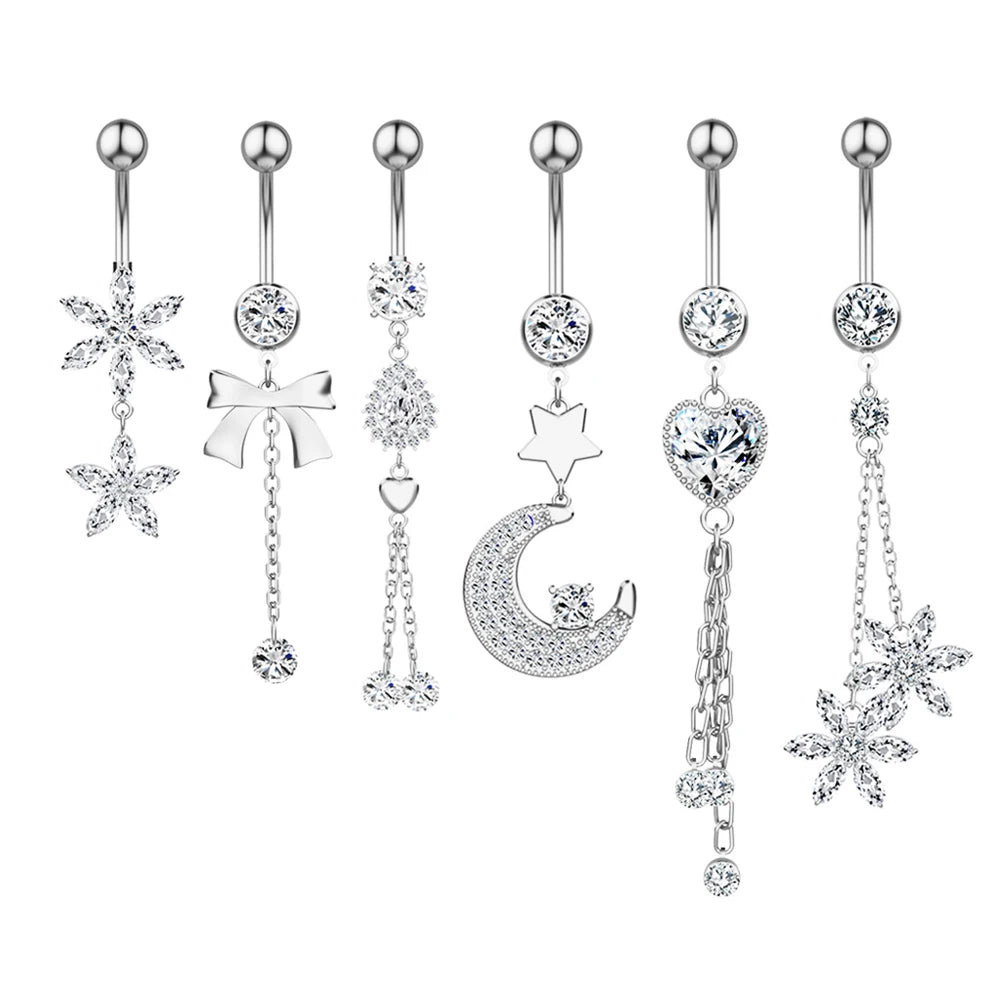 Set 10 Children's Stainless Steel Moon Heart-Shaped Zircon Belly Button Ring Waist Chain Dangle Body Romantic Wedding Gift Claw
