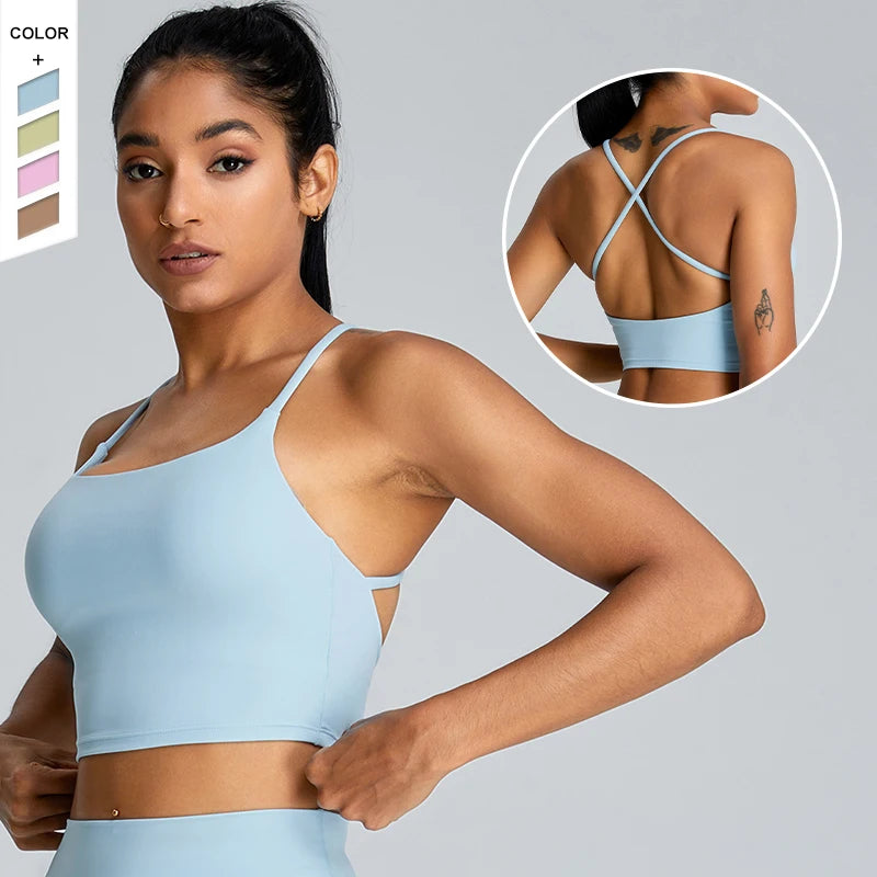 New Yoga Vest Women's Shock-proof Gathering Cross Back Sports Underwear Quick Dry Running Fitness Clothing Top