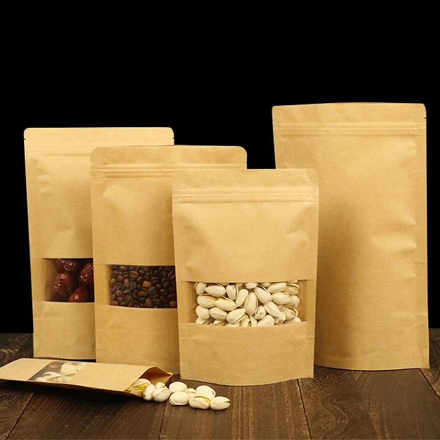 Custom Kraft Paper Stand Bag Food-Printed 250g 2kg Zip Brown Window Pouches for Nuts Sugar Reusable Reseal Kraft Stand Pouches