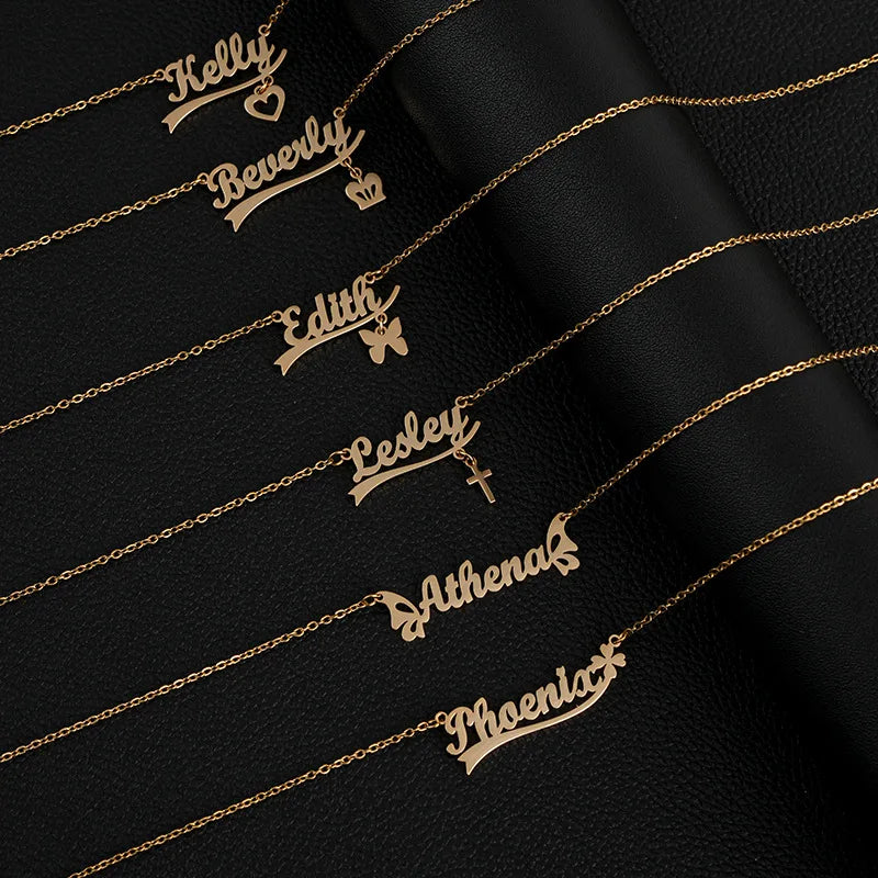 Classic Personalized Customized Name Charm Pendent Necklace 18K Gold Plated Stainless Steel Necklace Birthday Gift for Girl