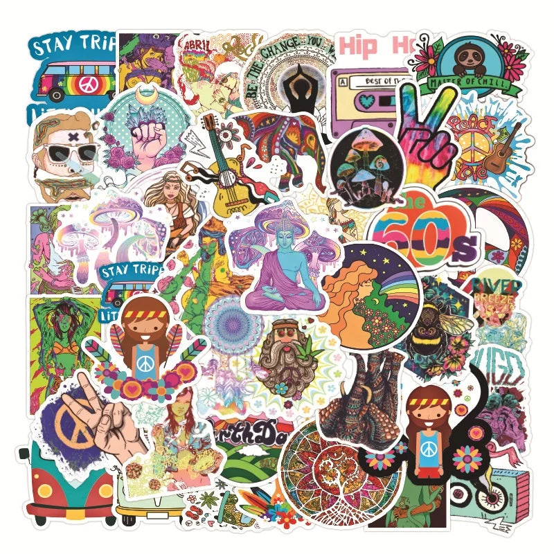 50Pcs Hippie Fresh Colorful Girl Hip Hop Label for Skateboard Luggage Laptop Car Wall Vinyl Waterproof Stickers