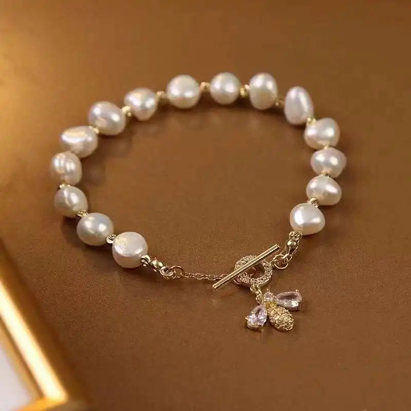 Cost-effective High-quality 18K Gold Plated Little Bee Accessories with Natural 7-8mm Baroque Freshwater Pearl Bracelet