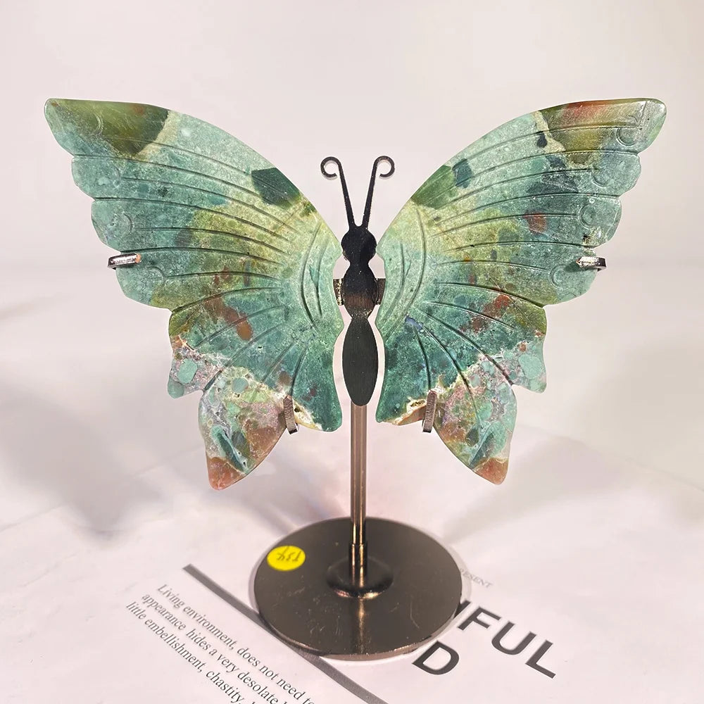 Wholesale Natural Moss Agate Butterfly Wings Carving Healing Stones Crystal Butterfly Wing Carving Gifts