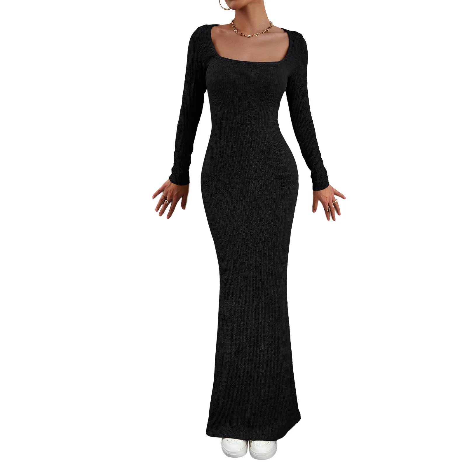 European and American Women's Autumn Sexy Style Slim Fit Square Neck Long Sleeve Knitted Dress