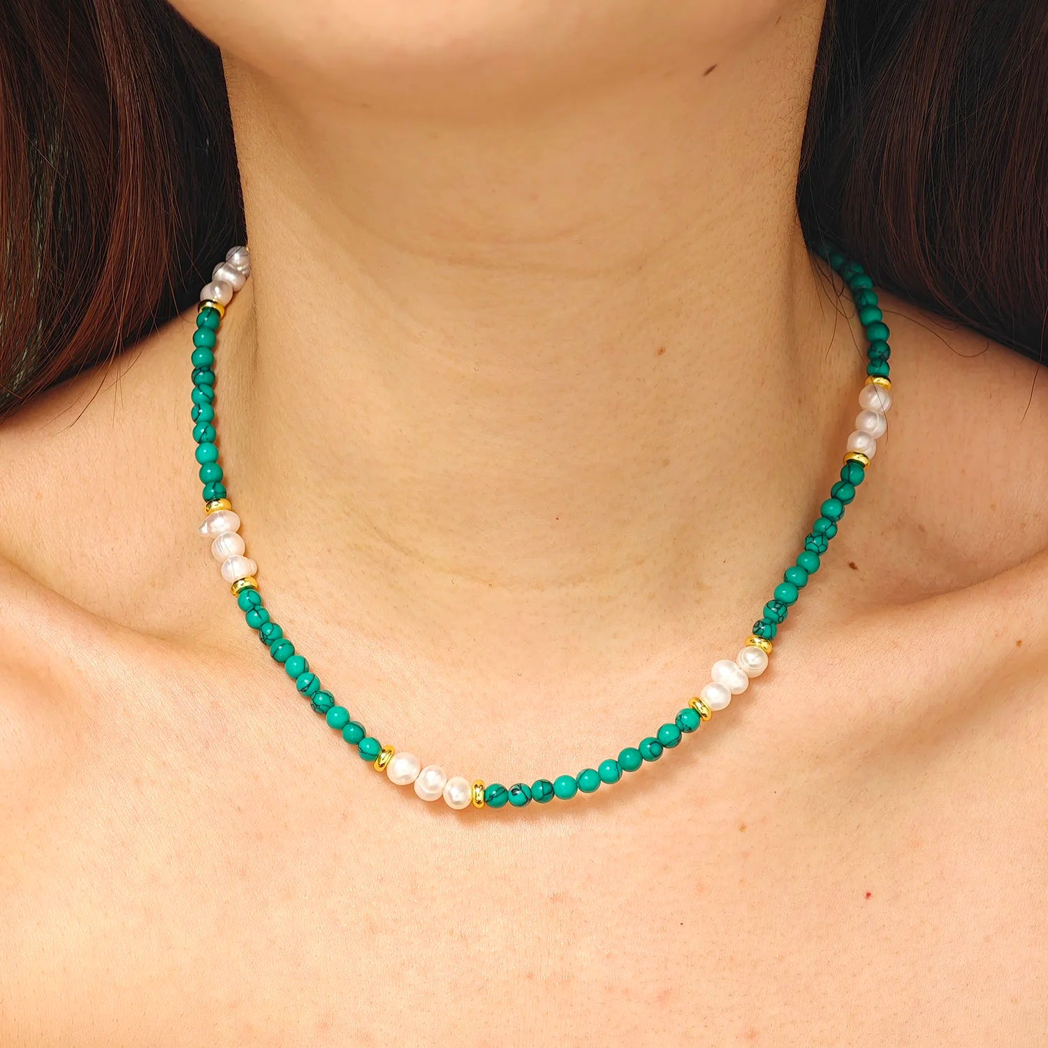 Handmade Turquoise Stone Beaded Stainless Steel Waterproof Clasp Freshwater Pearl Necklace Women and Girls Jewelry