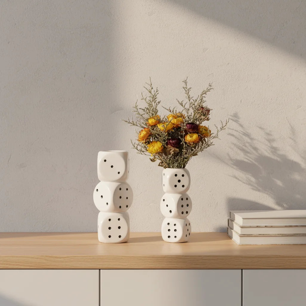 Nordic Modern Style White Iridescent Triple Dice Vase Ceramic Flower Vase for Home Table Decoration