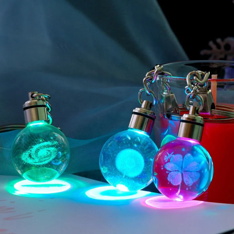 New Arrival Customized Stainless Steel Cartoon Crystal Sphere LED Keyring with Lamp Bulb Colorful Ball Flashing Light White Gift