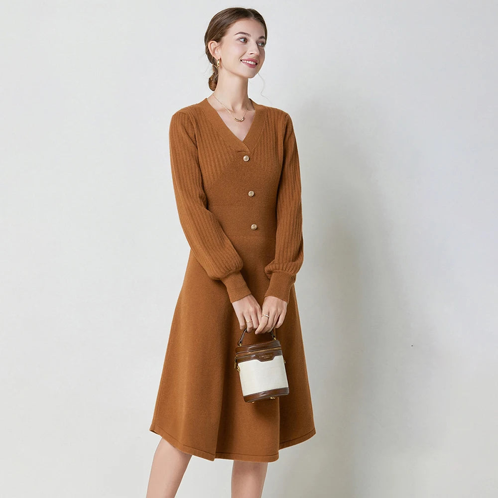 Autumn Winter French Style Knit Sweater Elegant Lantern Sleeve Sweater Dress Big Skirt A-line Knitted Sweater Dress for Women
