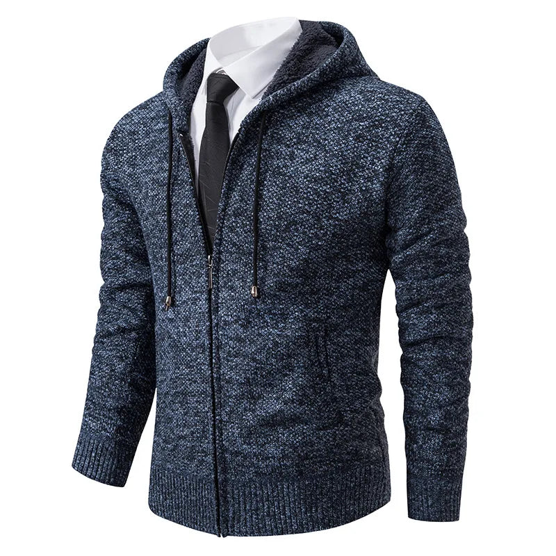 Hot Selling Custom Logo Men's Winter Knitted Hooded Zip up Drawstring Jacket Casual Business Knitwear Cardigan