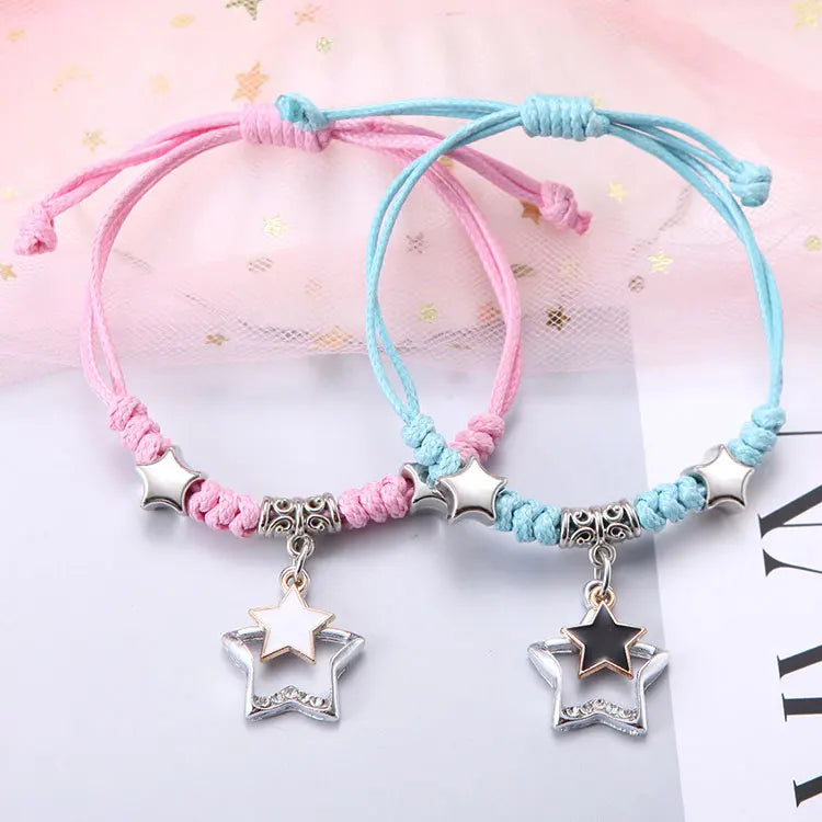 Wholesale Korean Sweet Students Friendship Bracelet Teen Girls Fashion Pink Blue Couple Flower Crown Star Charm Bracelet Set